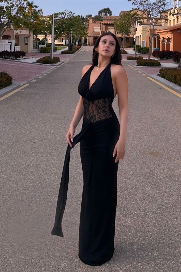 Black Lace Detail Long Dress