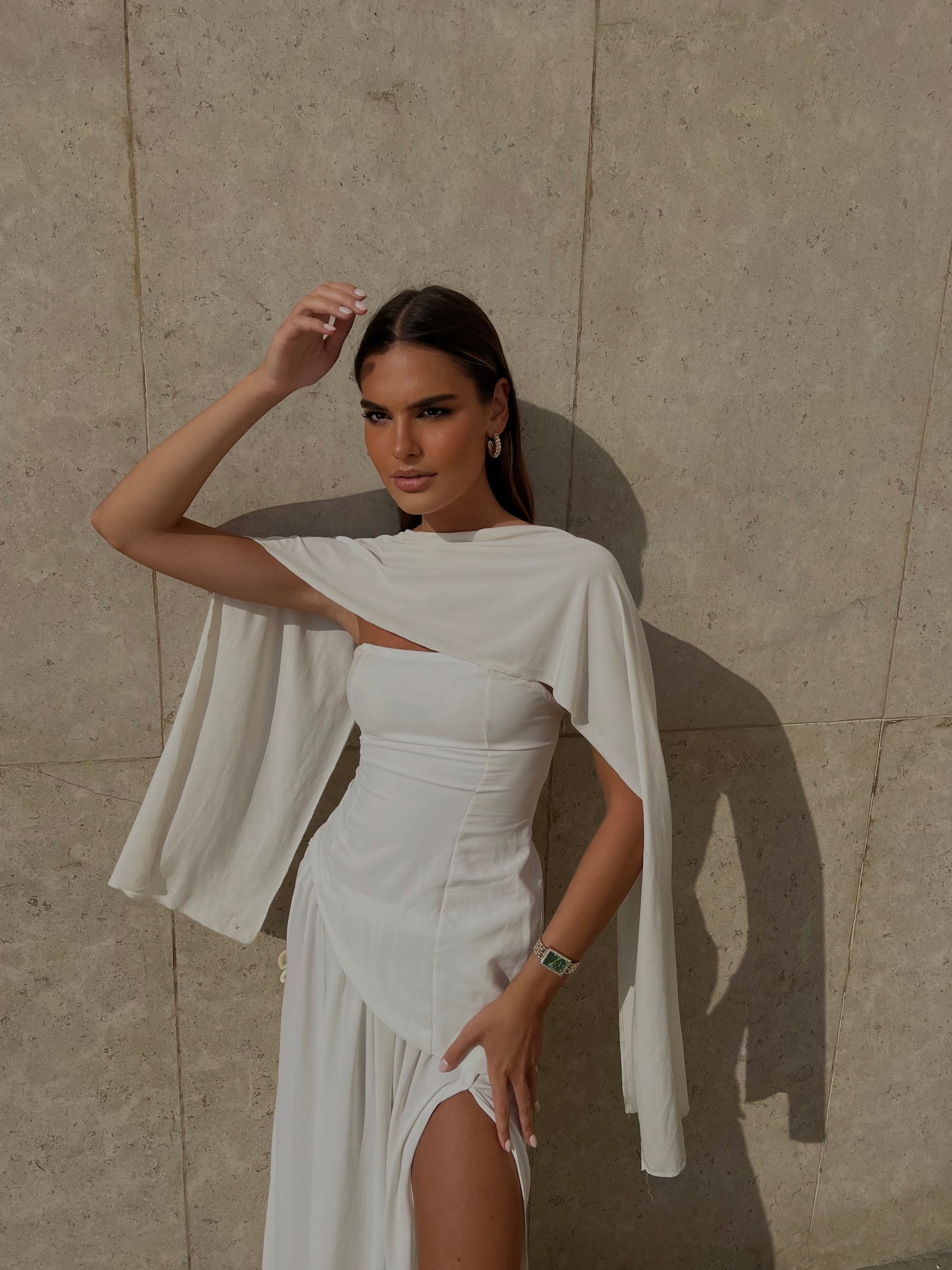 White SCUBA CREP AND SANNDY FABRIC DRESS SET