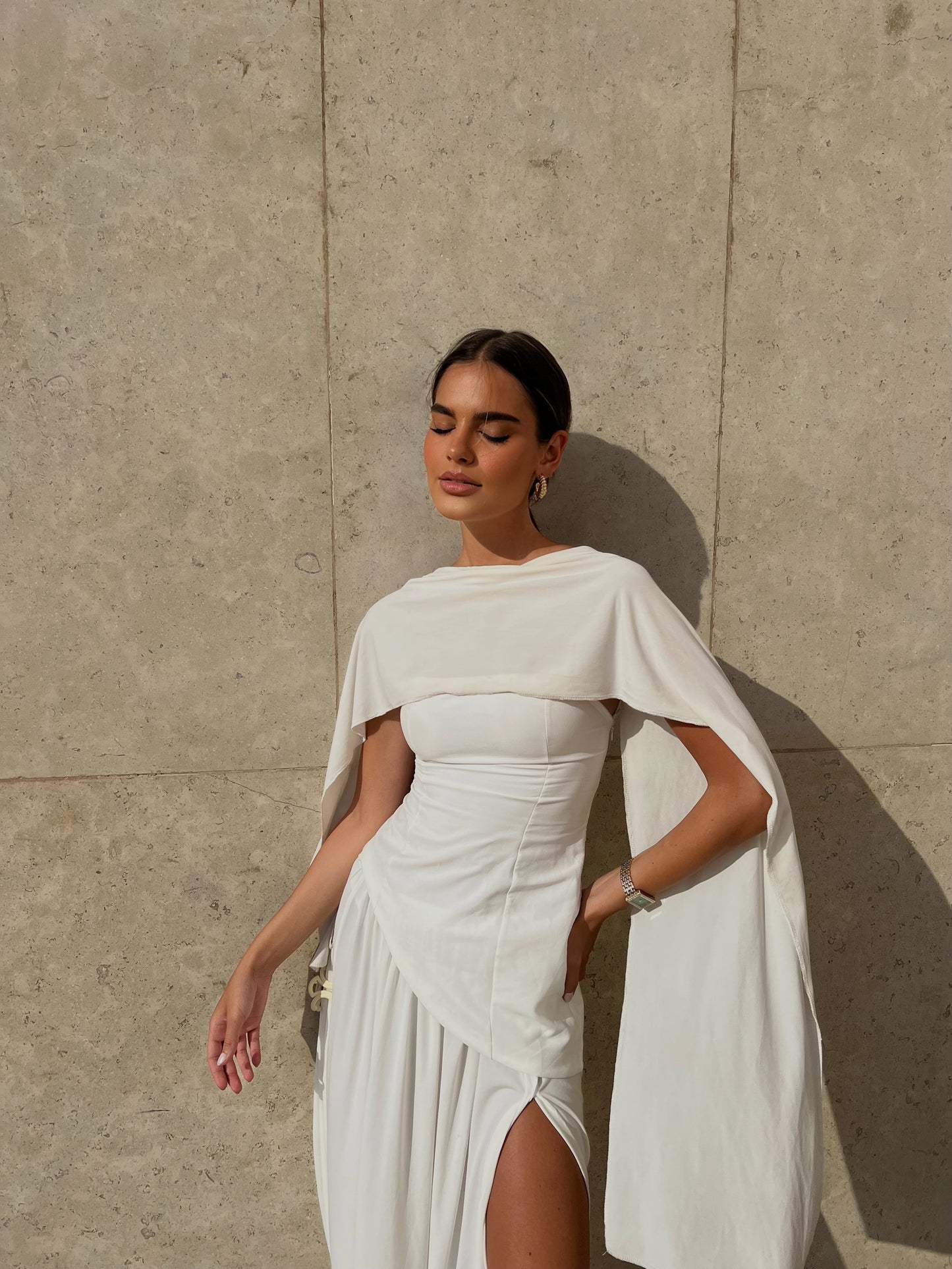 White SCUBA CREP AND SANNDY FABRIC DRESS SET