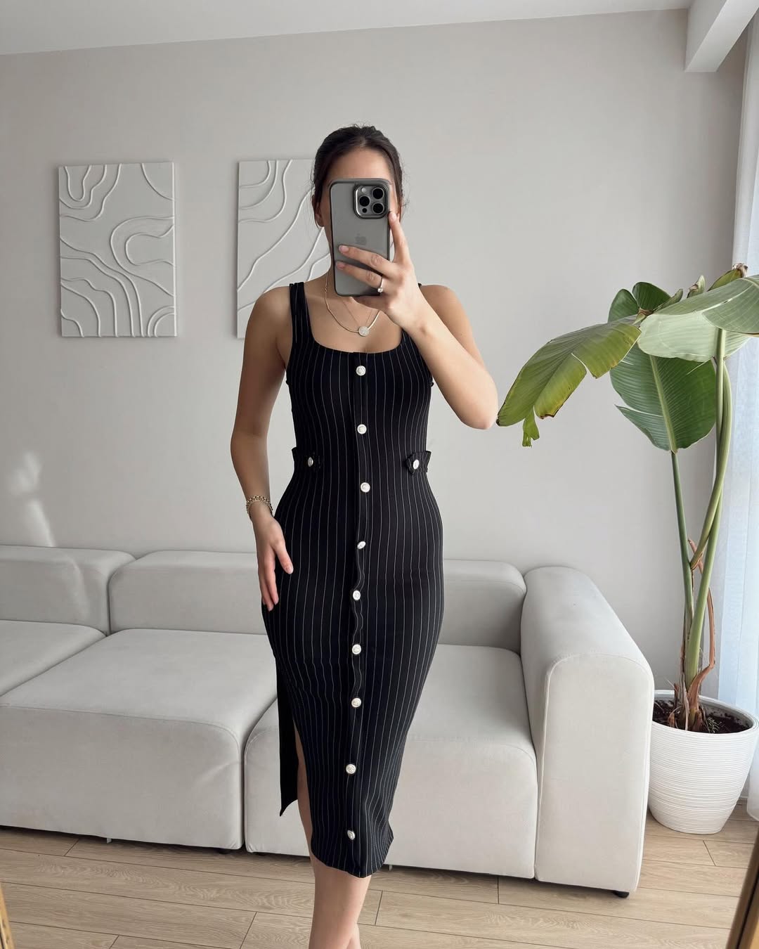 Black Buttoned Midi Striped Dress