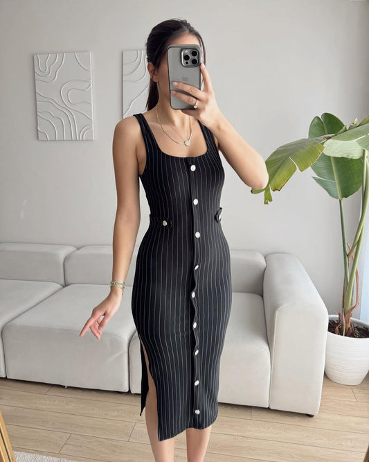 Black Buttoned Midi Striped Dress