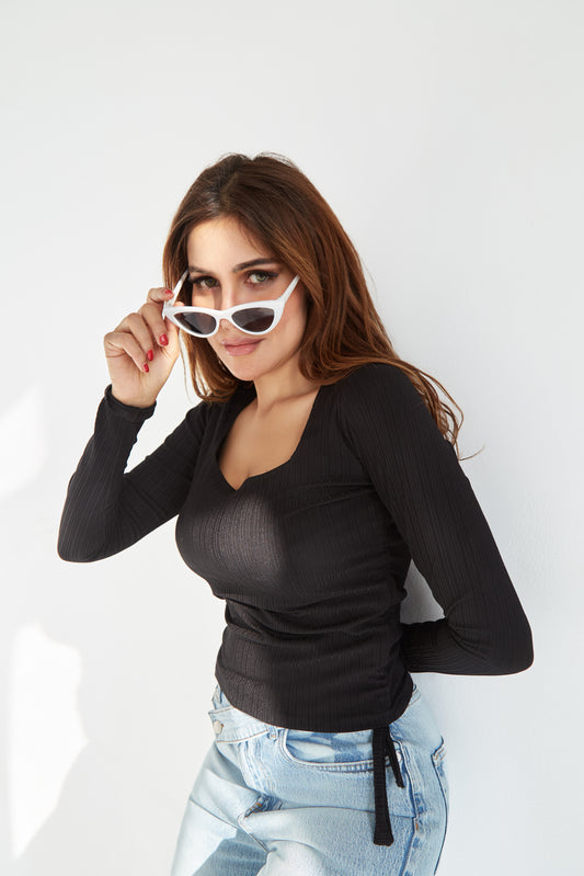 BLACK RIB SIDE RUCHED CROP TOP - long sleeves