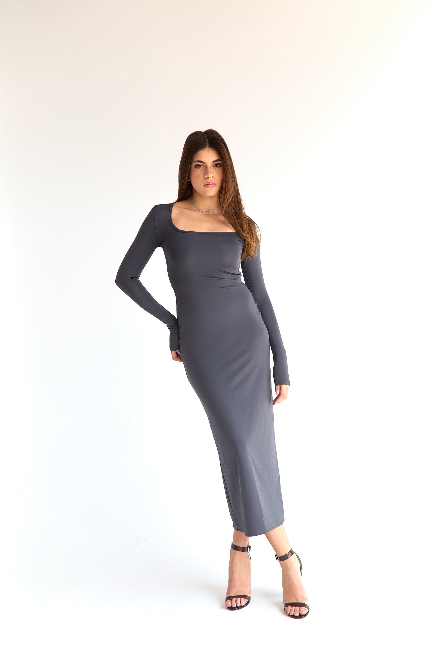 Dark Gray LYCRA LONG DRESS - Round Neck