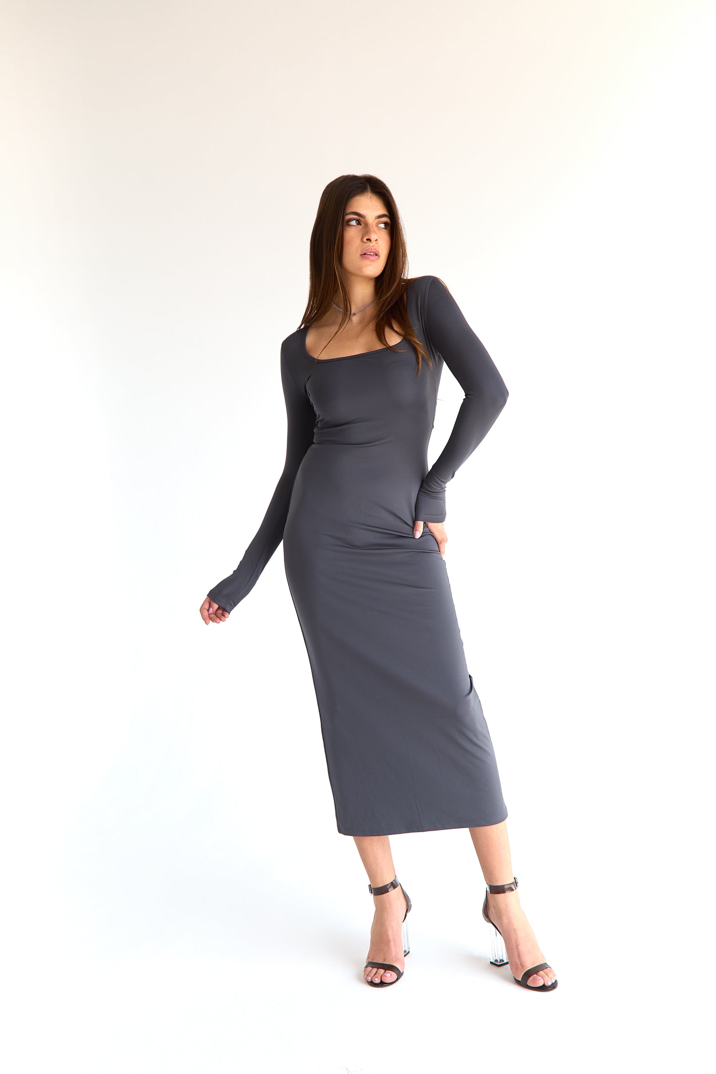 Dark Gray LYCRA LONG DRESS - Round Neck