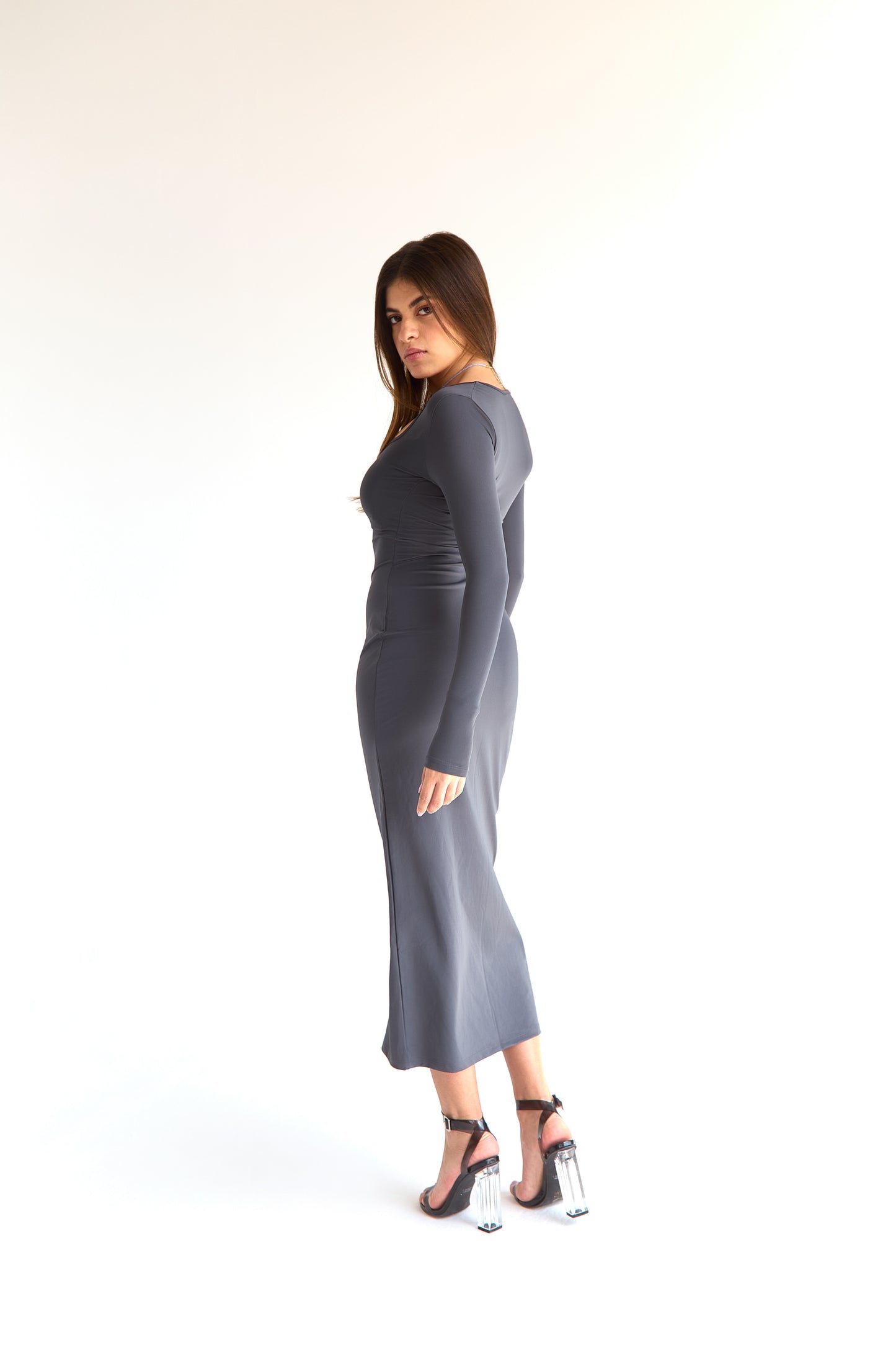 Dark Gray LYCRA LONG DRESS - Round Neck