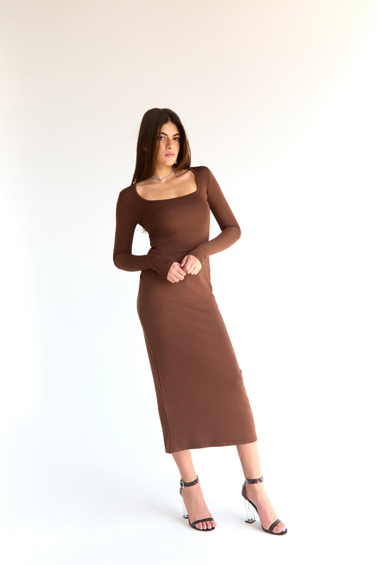 Brown LYCRA LONG DRESS - Round Neck