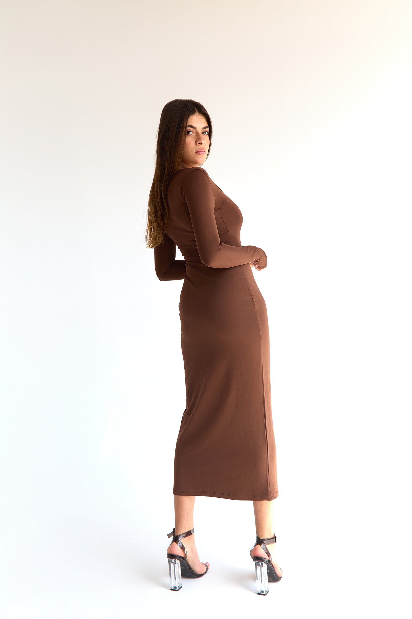 Brown LYCRA LONG DRESS - Round Neck