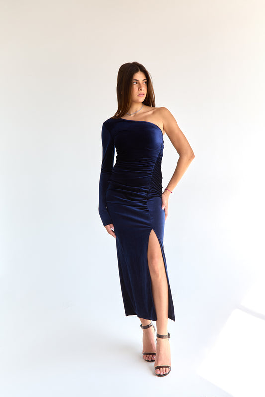 Dark blue Velvet one shoulder dress