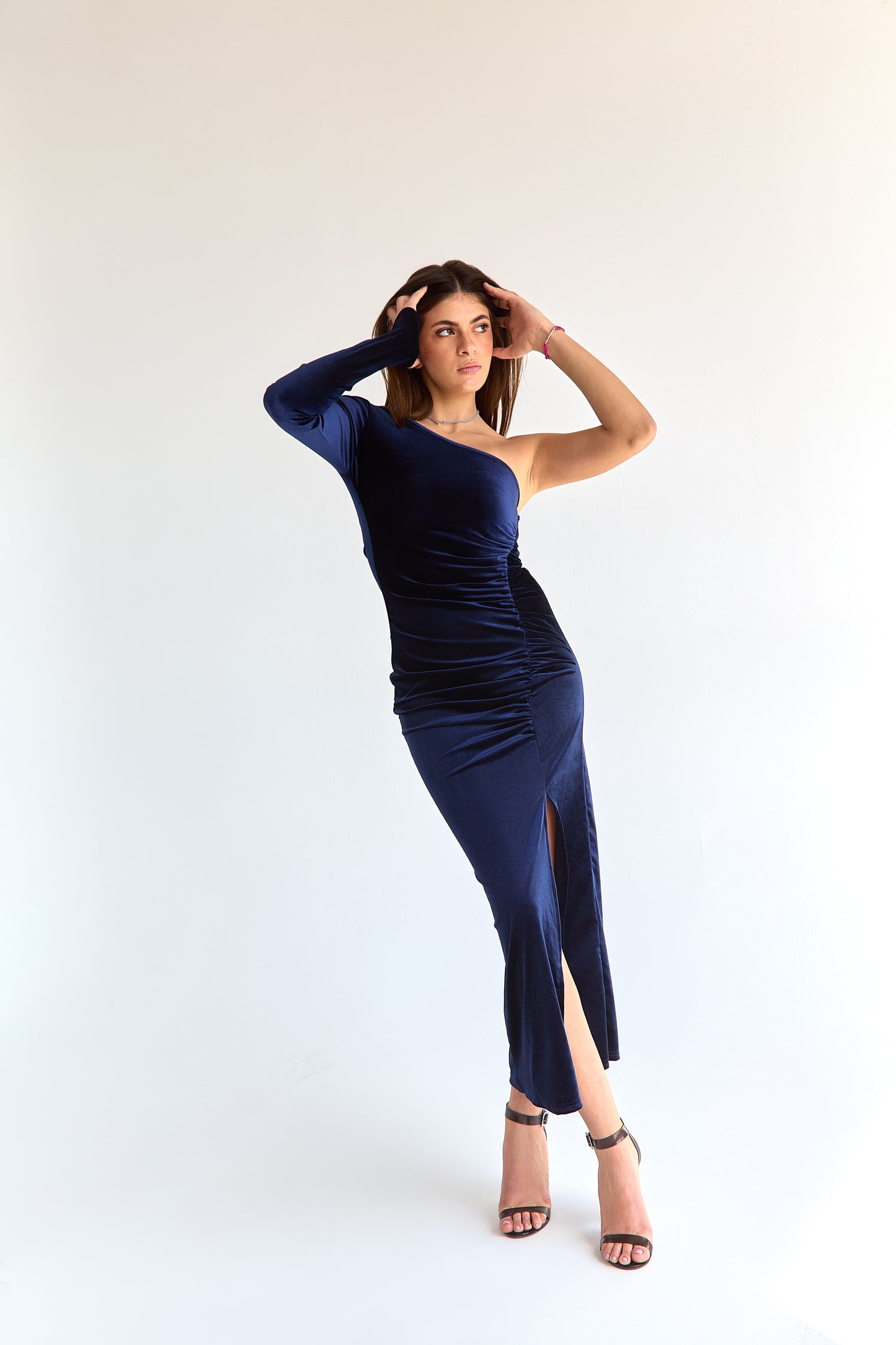 Dark blue Velvet one shoulder dress