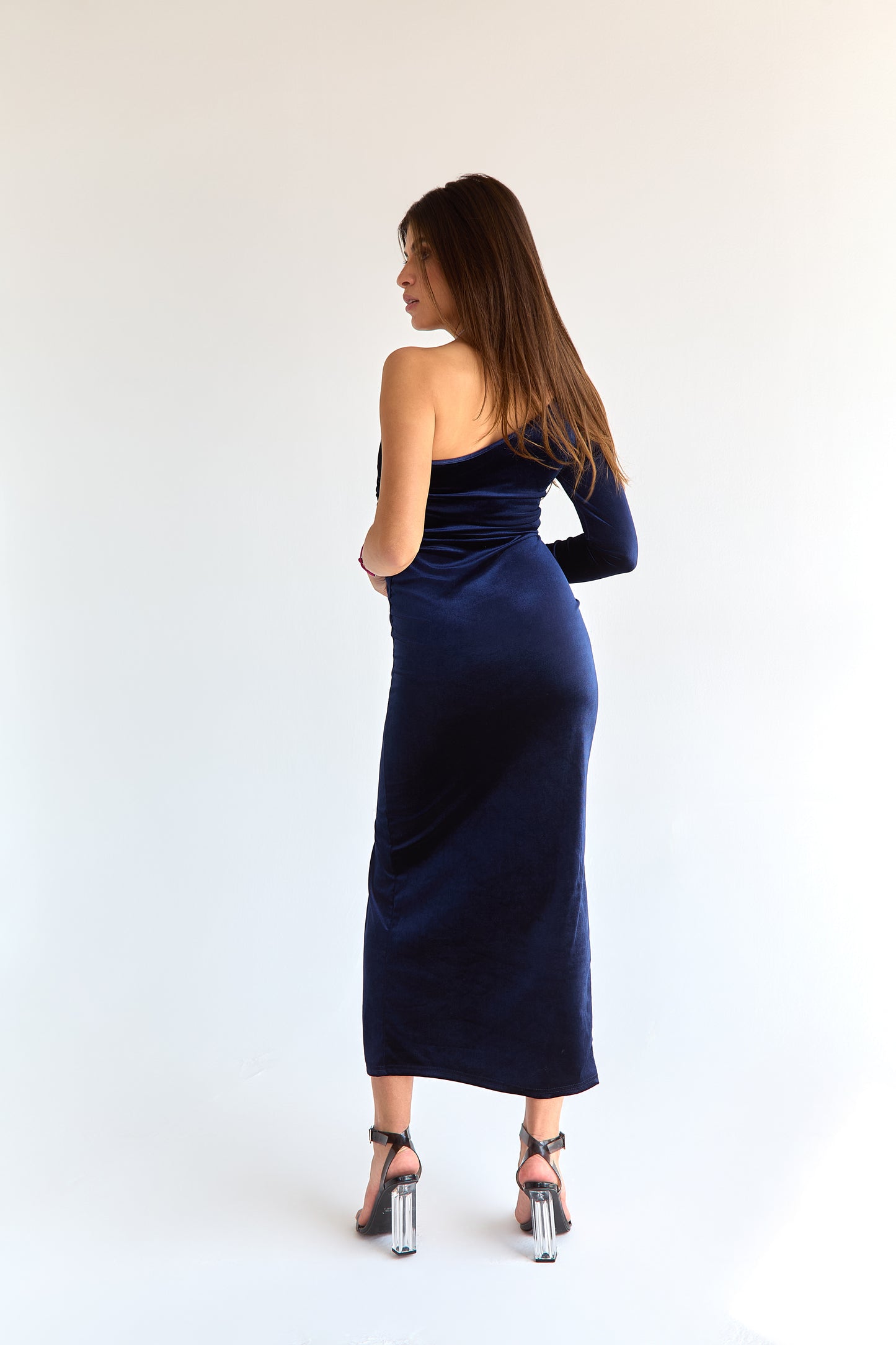 Dark blue Velvet one shoulder dress