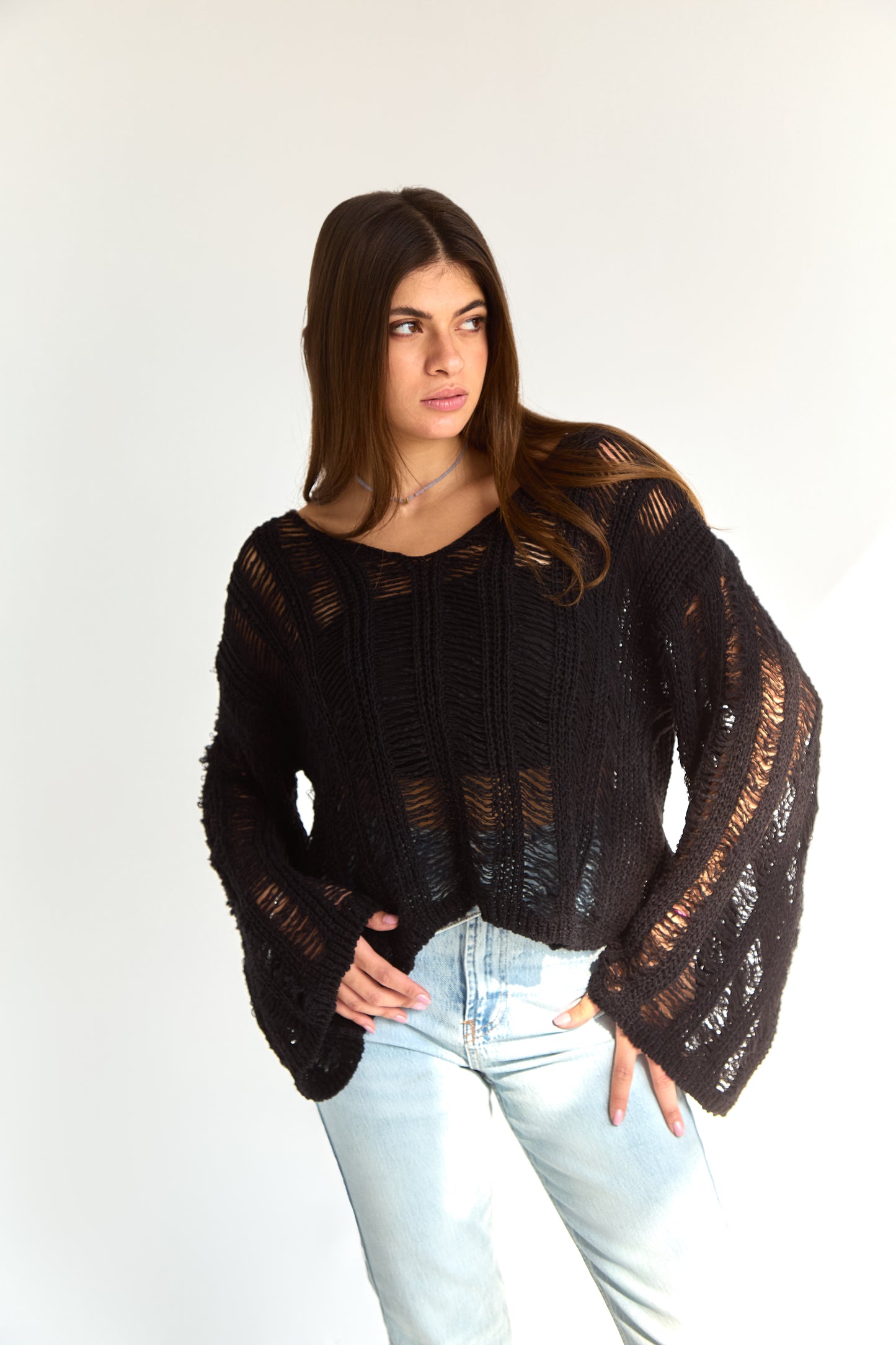 Black V-Neck Knitwear Blouse
