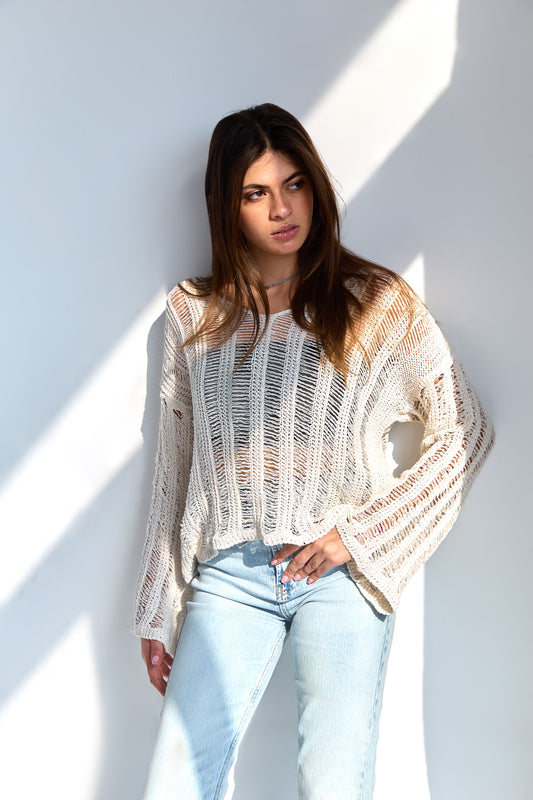 White V-Neck Knitwear Blouse