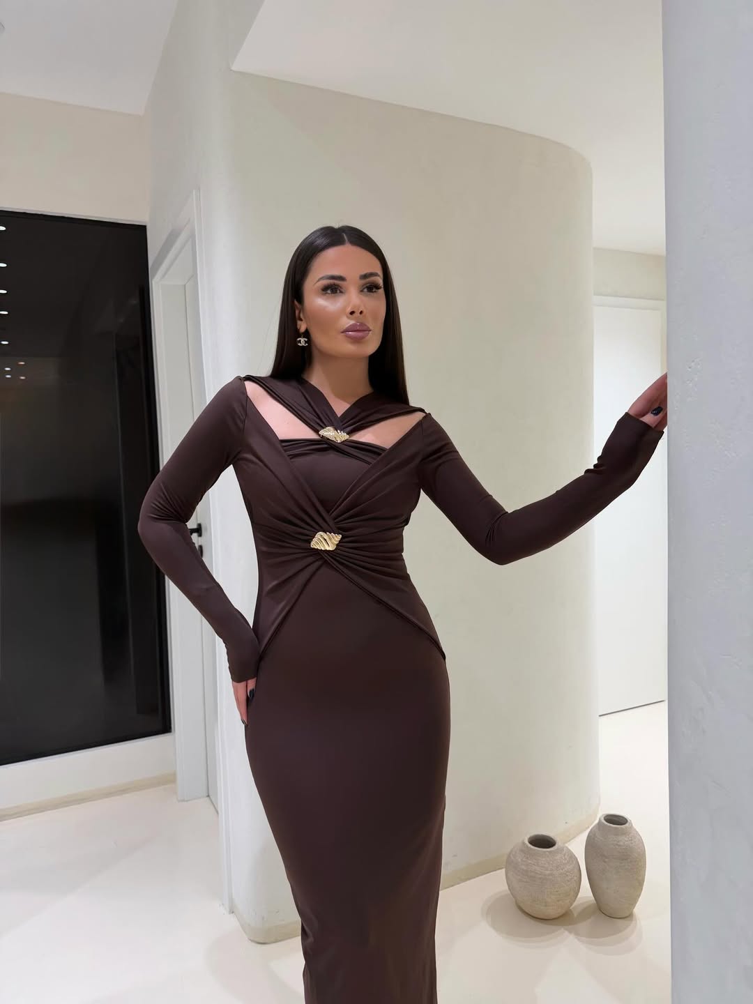 Brown Dande Brooch Detailed Dress