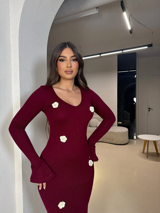 burgundy Major Flower Detail Dress