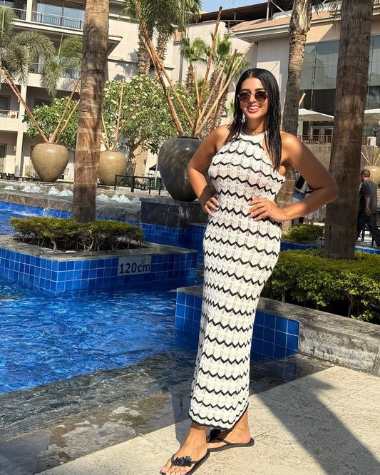 White Ajoured Halter Collar Dress