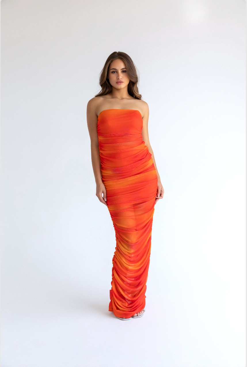 Imported Digital Printed Tulle & Lined Gathered Strapless Long Dress