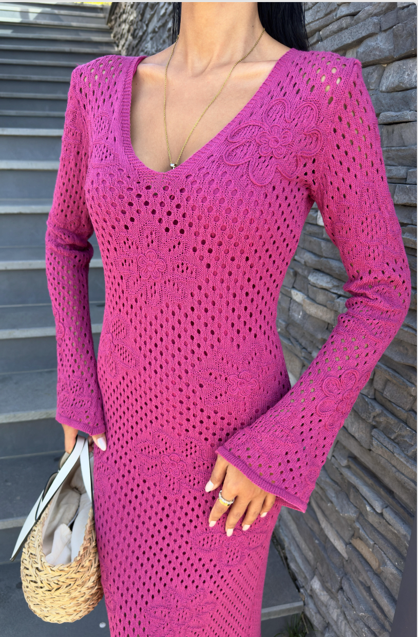 Flower Detailed Openwork Knit Dress