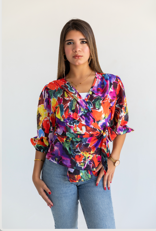 Double Breasted Half Sleeve Patterned Blouse