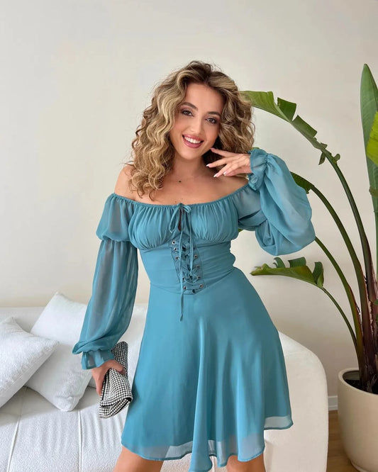 CYAN EYEBROW CHIFFON DRESS