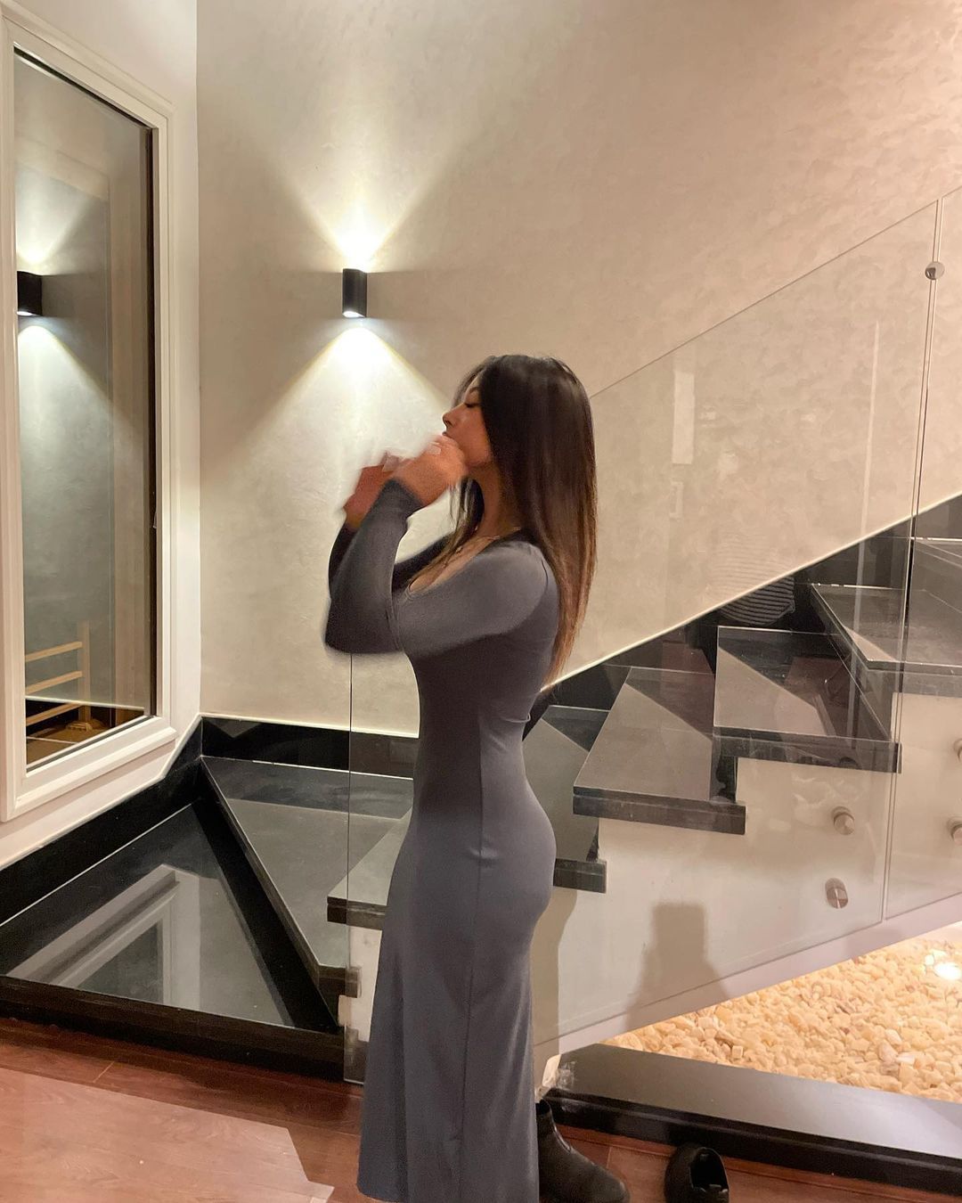 Dark Gray LYCRA LONG DRESS - Round Neck
