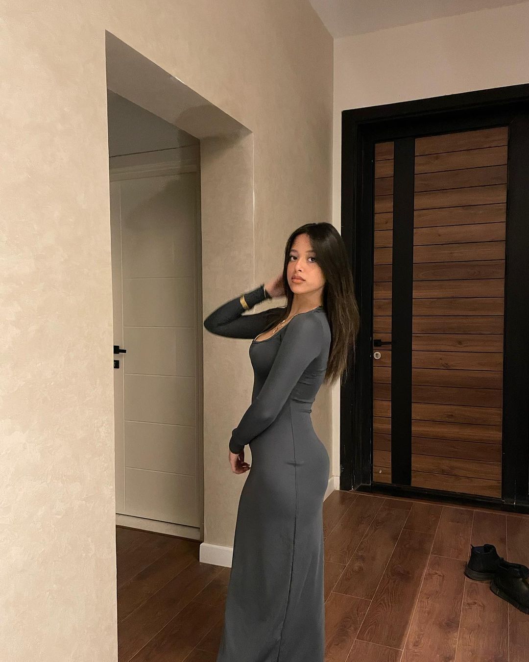 Dark Gray LYCRA LONG DRESS - Round Neck
