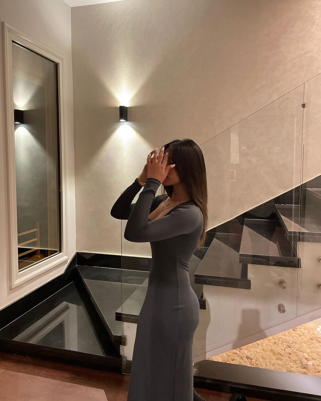 Dark Gray LYCRA LONG DRESS - Round Neck