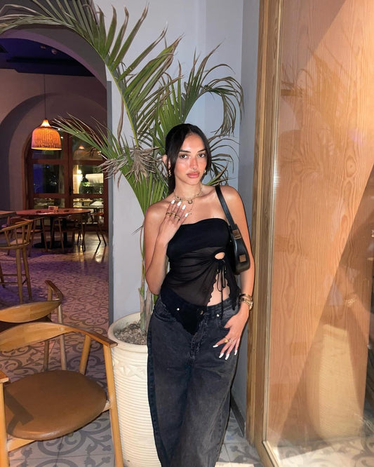 Black Crop Strapless Tulle Blouse