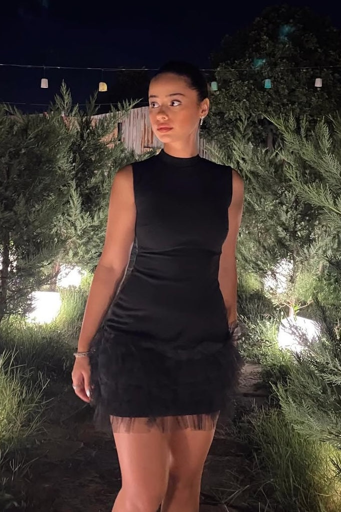 Black Zero Sleeve Tulle Detail Dress