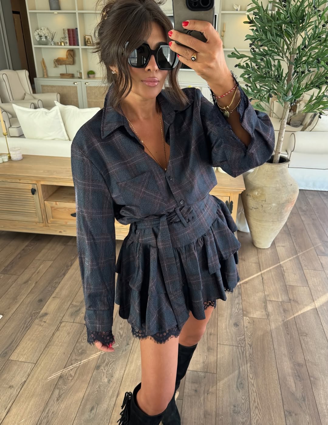 Navy Blue Plaid Pattern Belted Lace Detail Dress