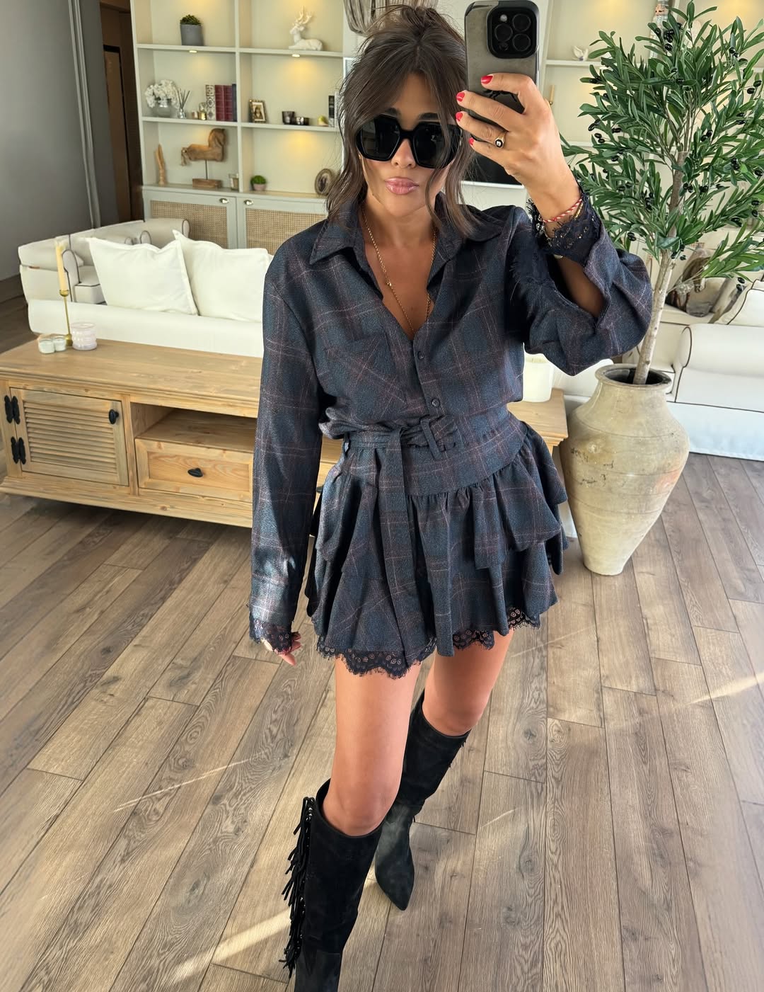 Navy Blue Plaid Pattern Belted Lace Detail Dress