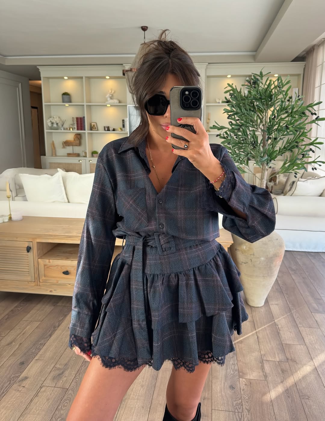 Navy Blue Plaid Pattern Belted Lace Detail Dress