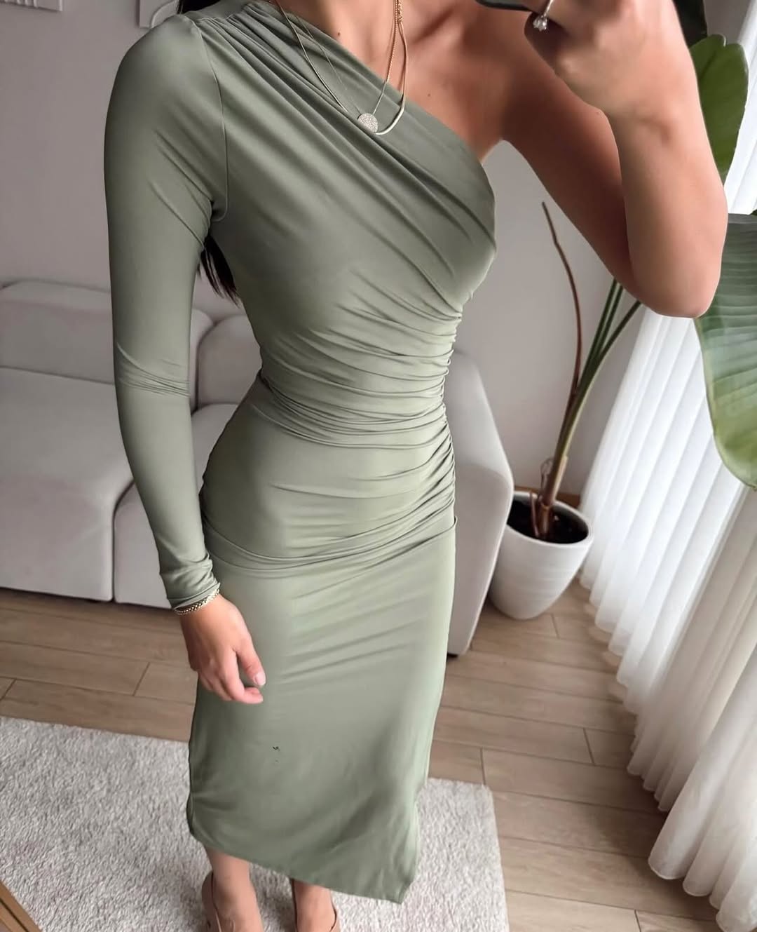 Olive  Single Sleeve Gathered Long Dress