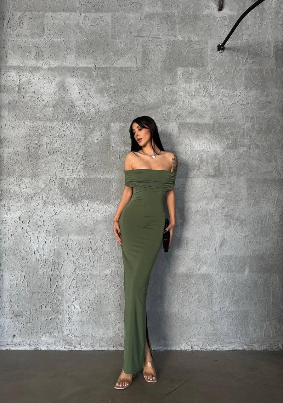 olive off shoulder  Collar Long Dress