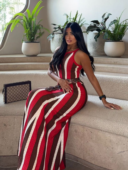 Red -  Black Top Length Striped Dress
