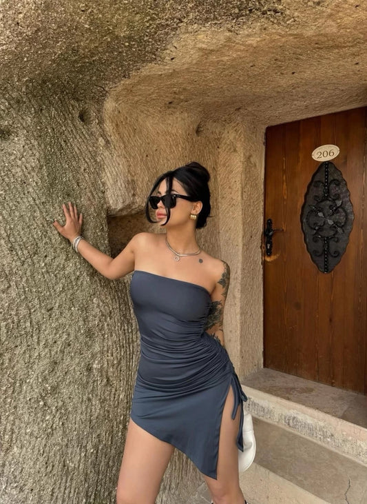 Gray Side Gathered Strapless Diving Dress
