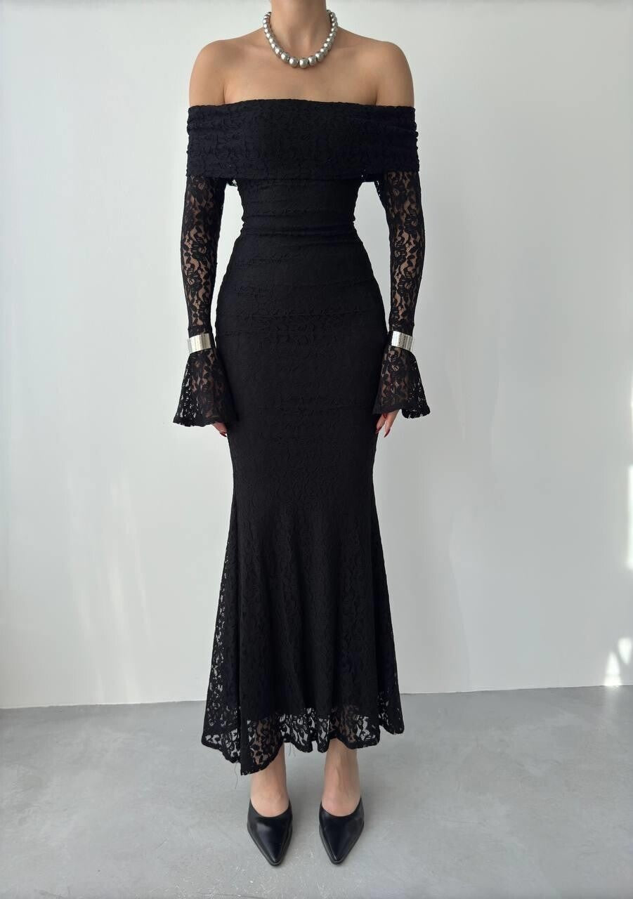 black Arya Strapless Lace Dress
