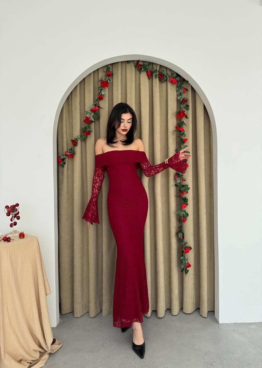 Burghandy Strapless Lace Dress