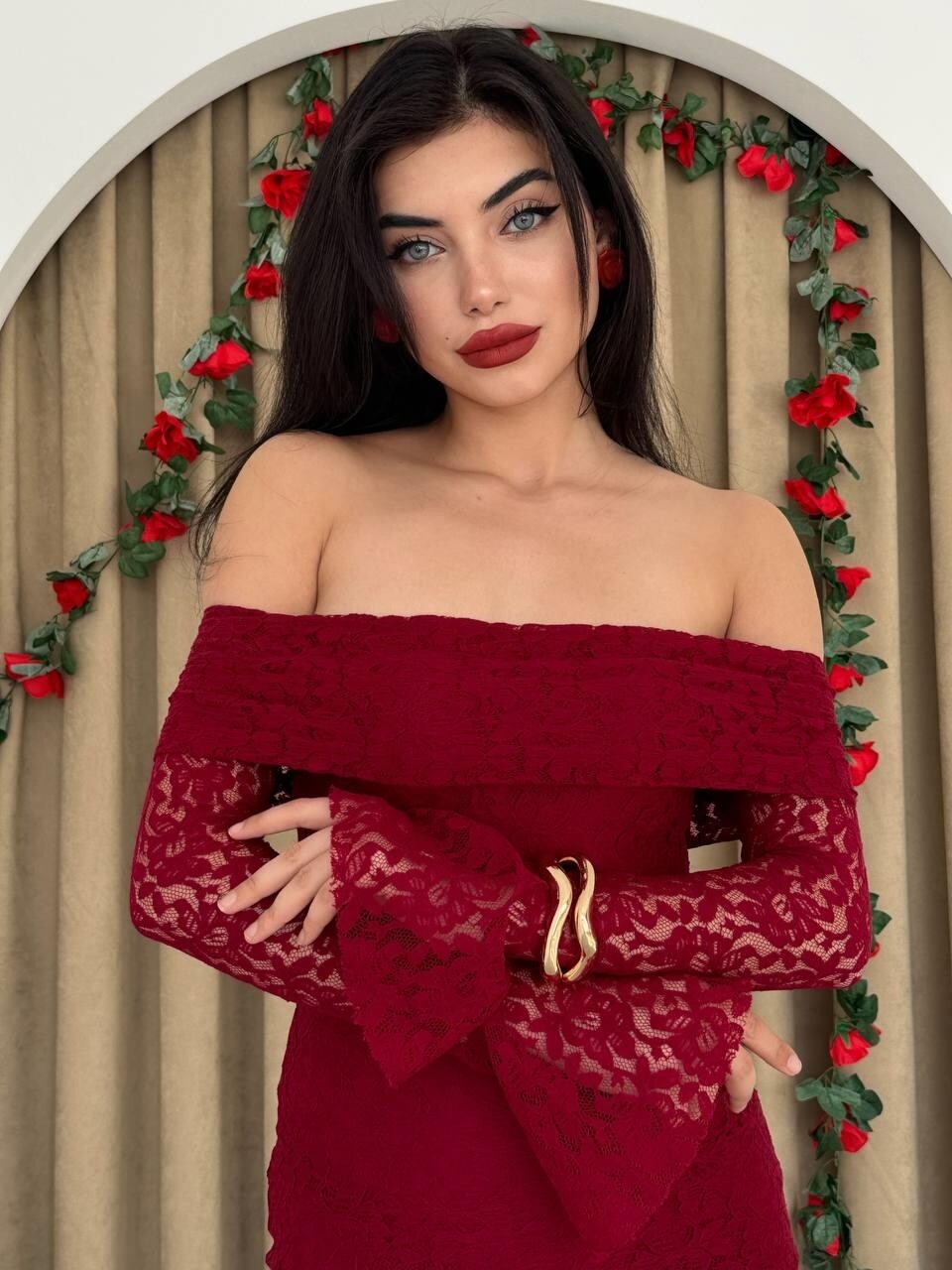 Burghandy Strapless Lace Dress