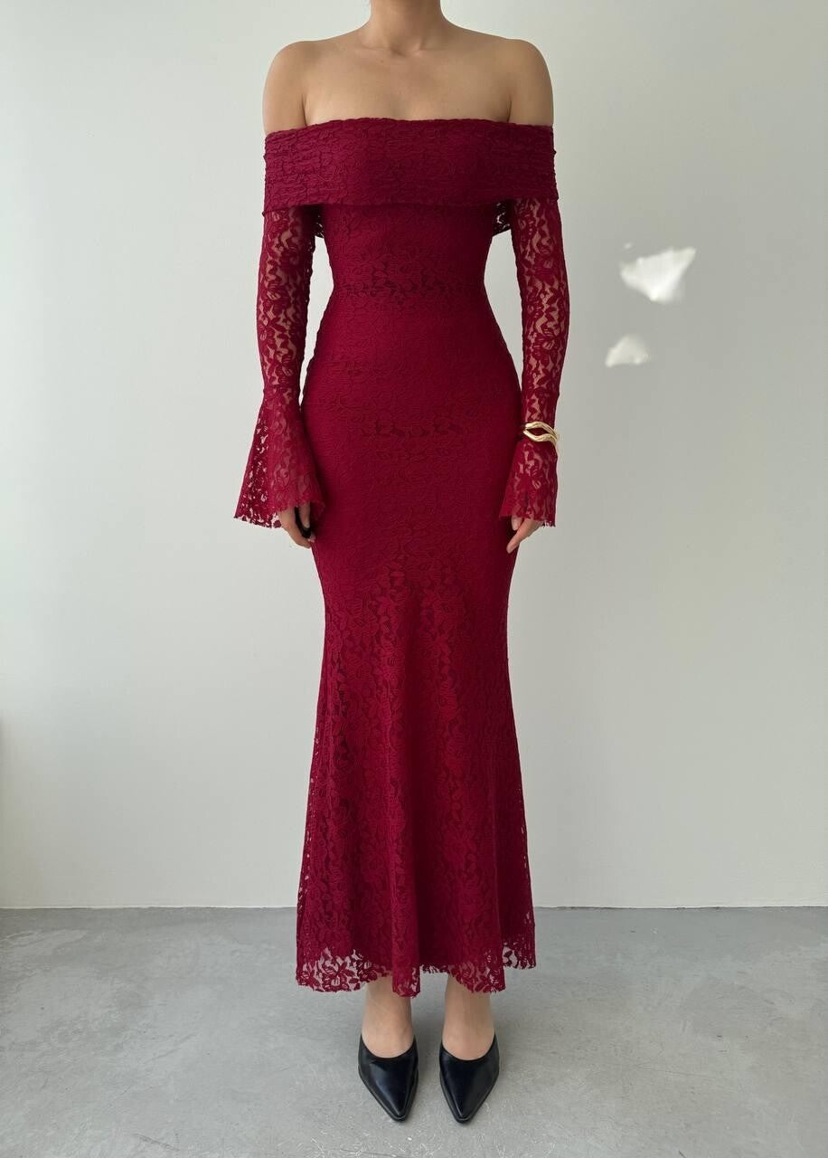 Burghandy Strapless Lace Dress