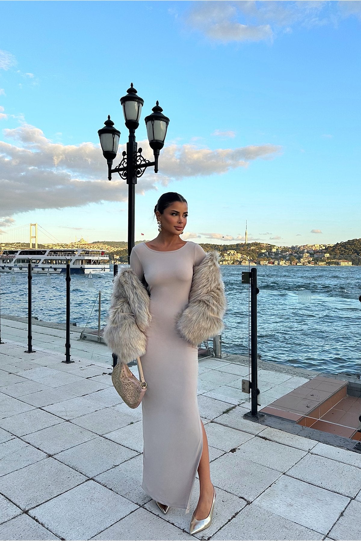 Beige Tie Back Long Dress