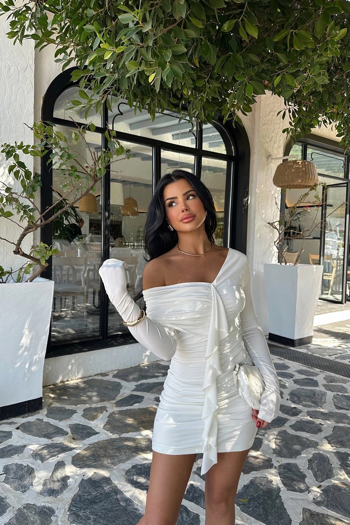 White Ruffle Detail Mini Dress