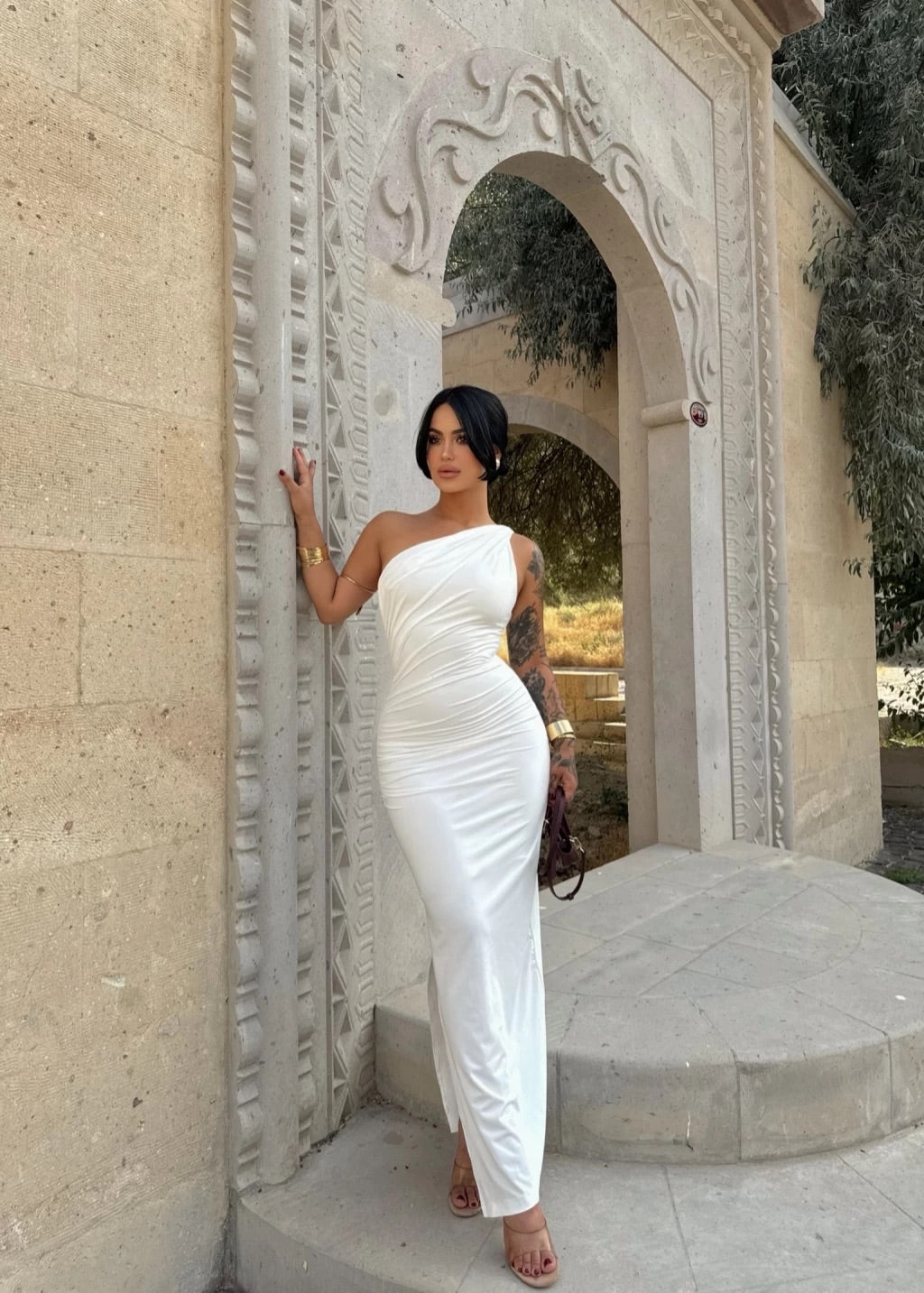 White Single Sleeve Gathered Long Dress