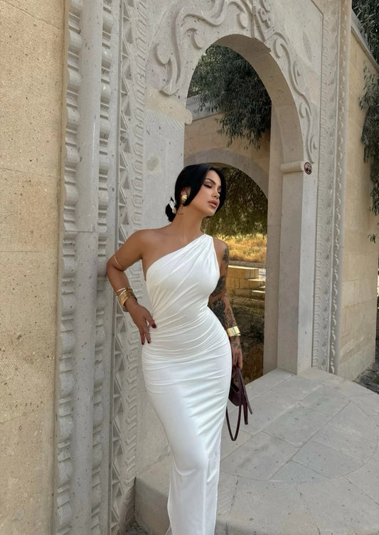 White Single Sleeve Gathered Long Dress