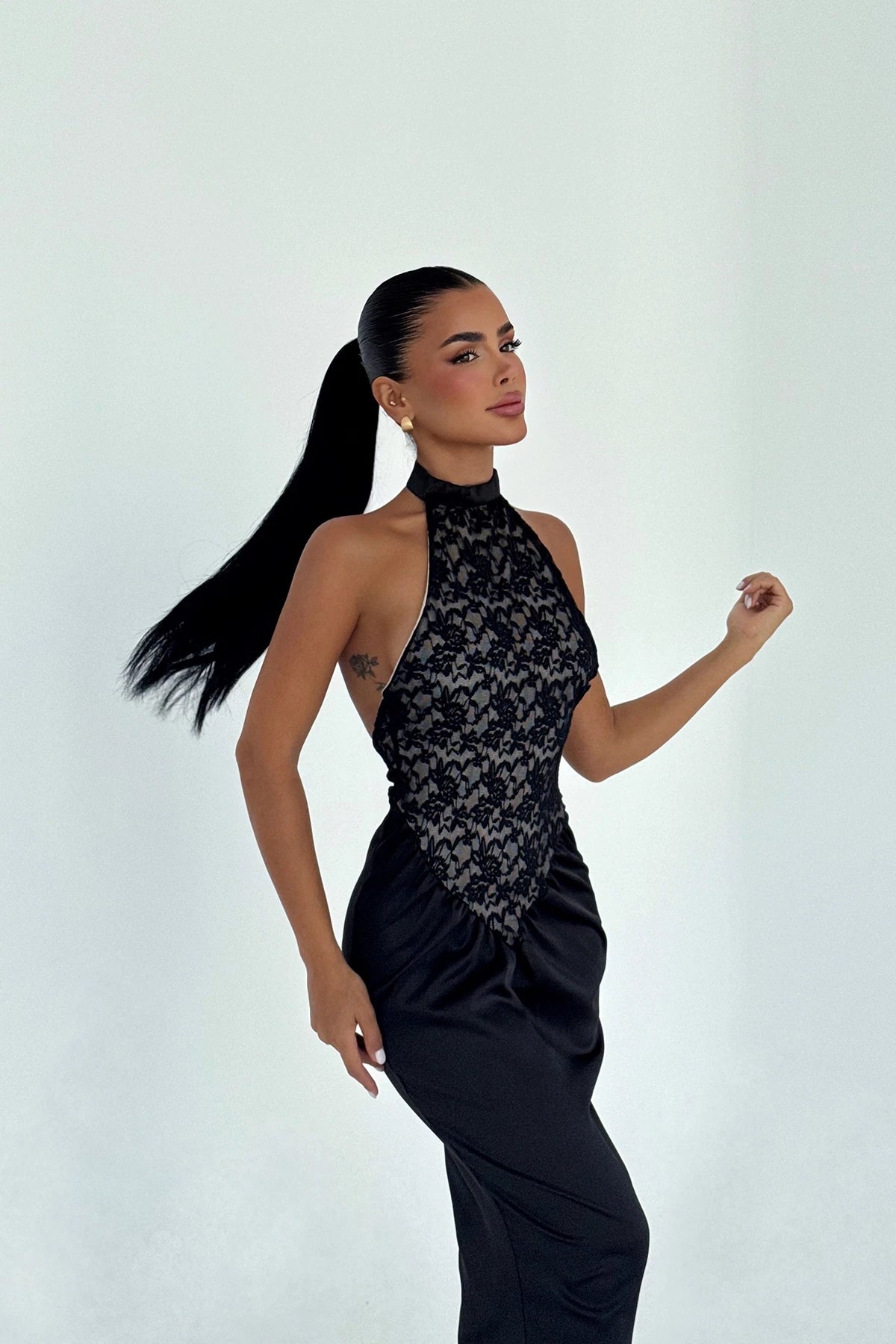 Black Marlo Lace Detailed Satin Dress