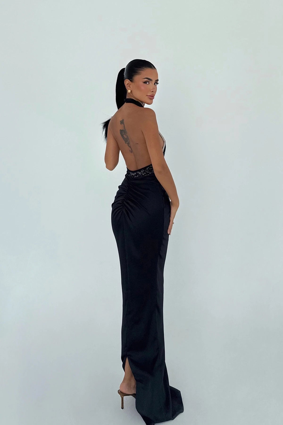 Black Marlo Lace Detailed Satin Dress