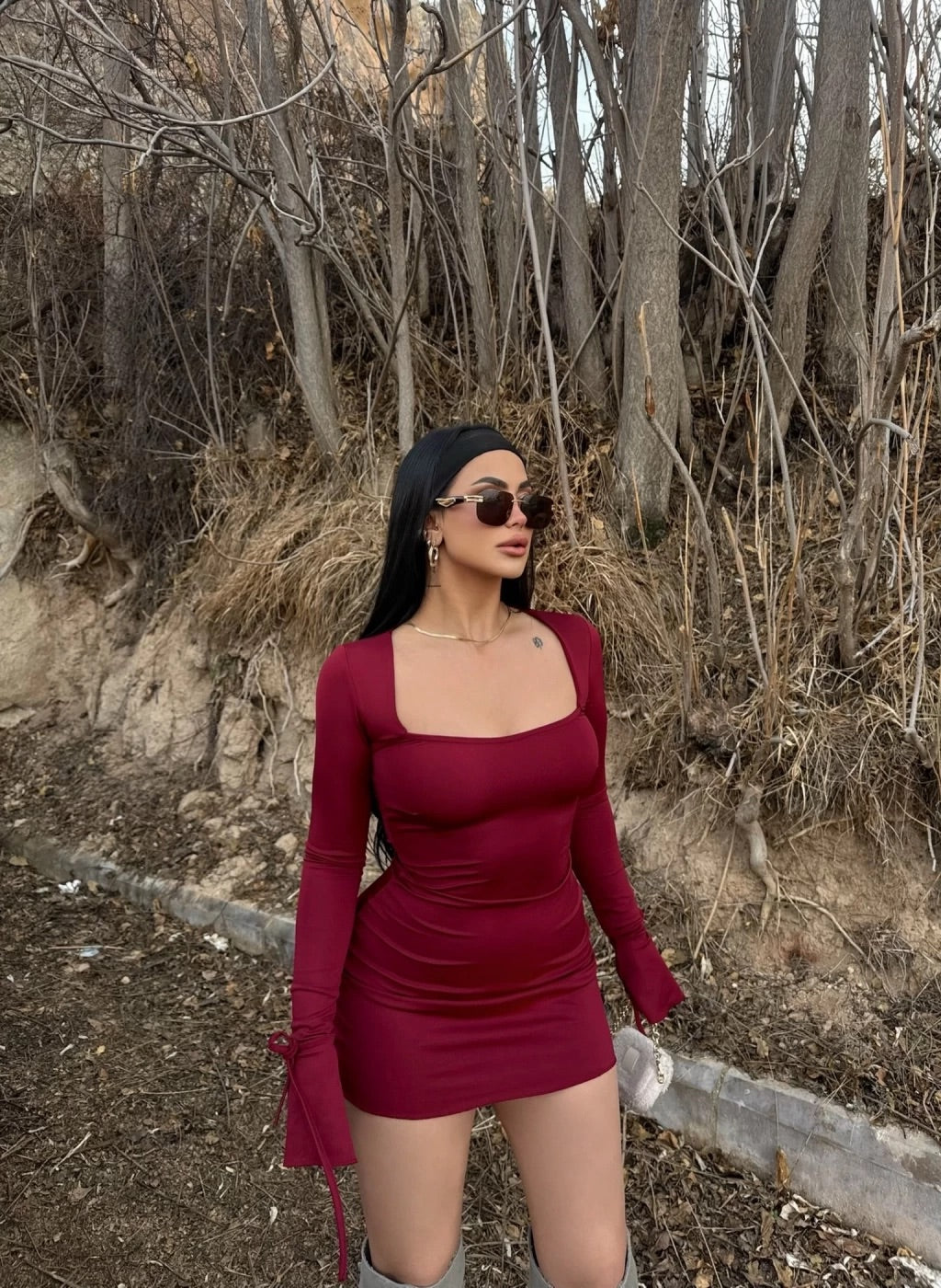 Burgundy Square Neck Ruffle Sleeve Dress