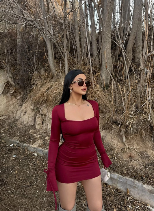 Burgundy Square Neck Ruffle Sleeve Dress