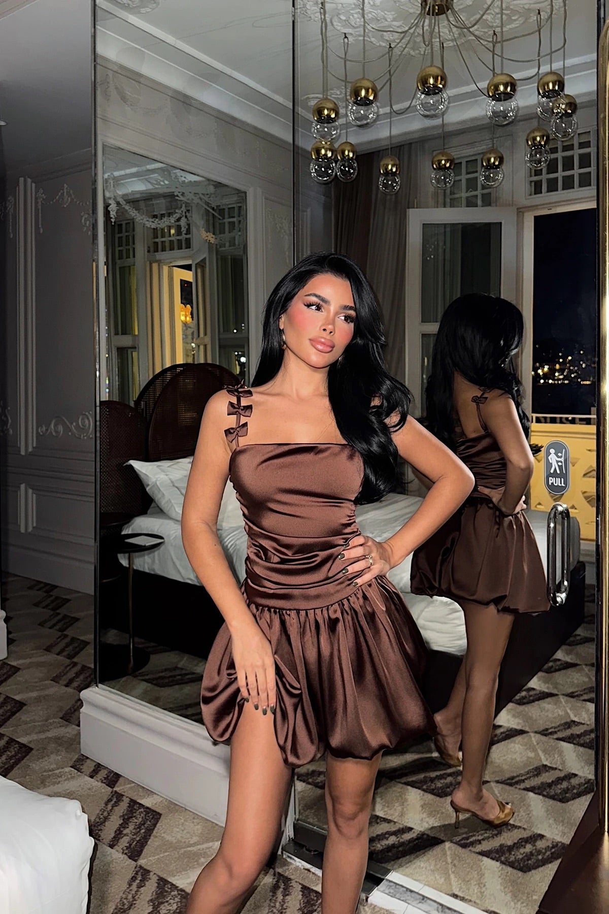 Brown Cecilia Strap Mini Balloon Dress with Bow Detail