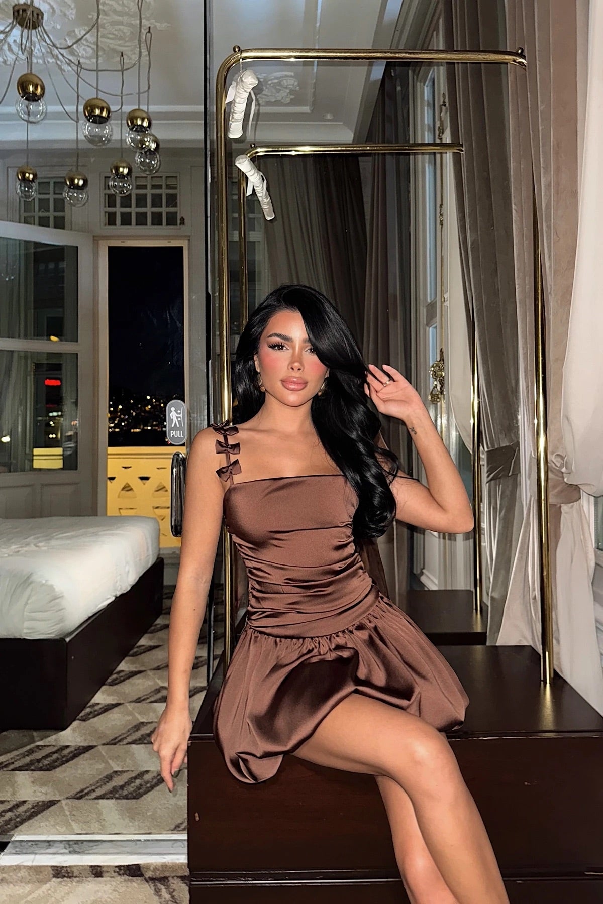 Brown Cecilia Strap Mini Balloon Dress with Bow Detail