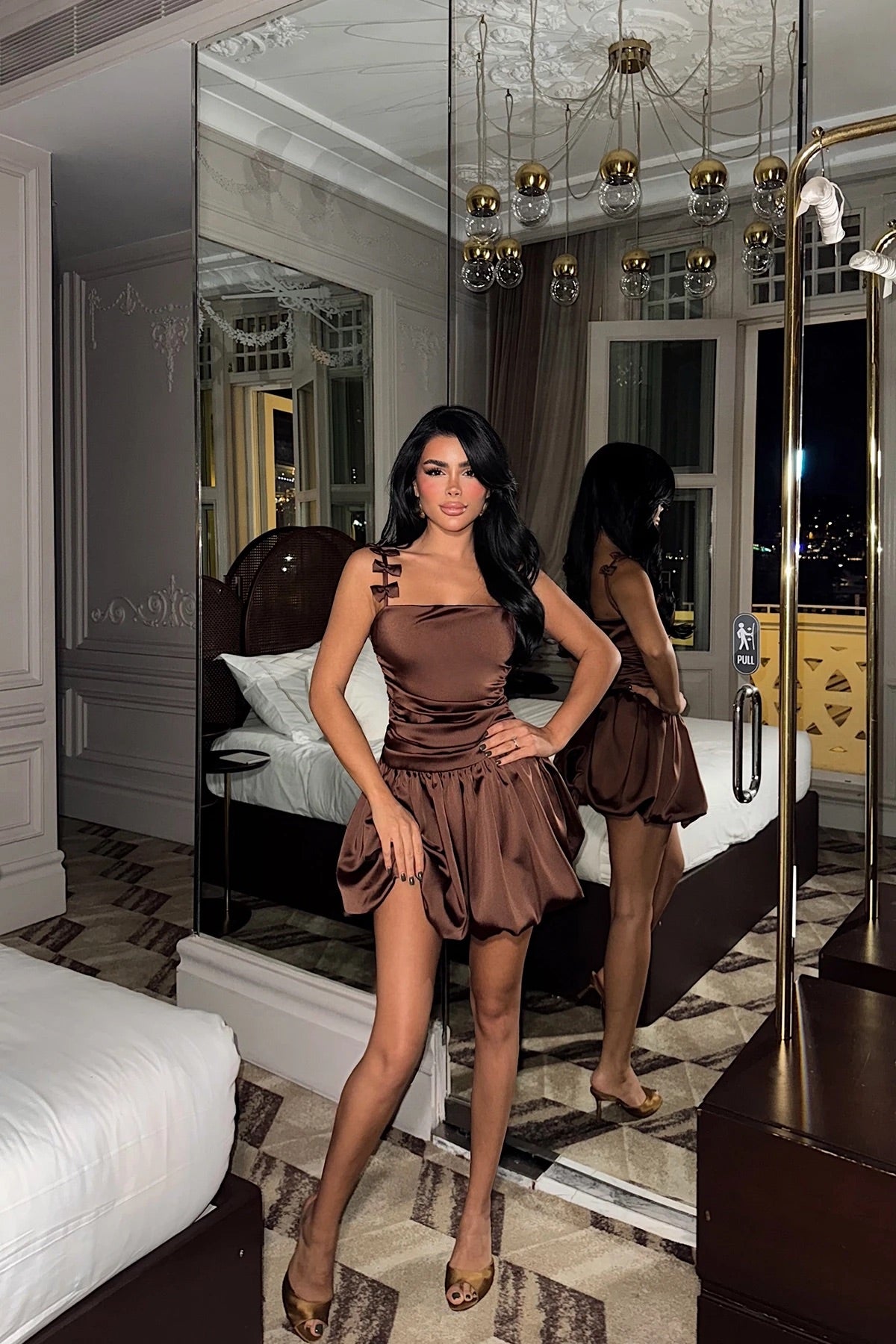 Brown Cecilia Strap Mini Balloon Dress with Bow Detail